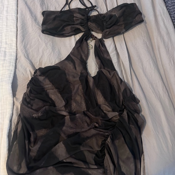 Jaded London Brown Tie-Dye Asymmetrical Cutout Mini Dress - Picture 2 of 4